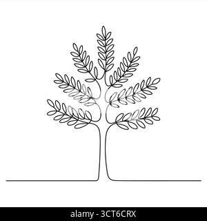 Disegno minimalista in bianco e nero di un albero stilizzato con rami frondosi e linea di terra isolata su sfondo bianco Illustrazione Vettoriale