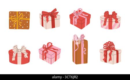 Set di illustrazioni vettoriali per la confezione regalo di Natale. Le feste natalizie si presentano in stile doodle. Clipart natalizio Illustrazione Vettoriale