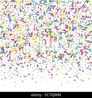 Numeri sparsi. Coloratissime cifre infantili che volano caotiche. Banner di matematica di ritorno a scuola su sfondo bianco. Illustrazione vettoriale dei numeri in caduta. Illustrazione Vettoriale