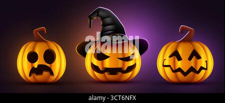 Spaventose zucche di Halloween con cappello da strega. Tre distinte Jack-o-Lanterne con volti scolpiti per una festa. Illustrazione vettoriale. Illustrazione Vettoriale
