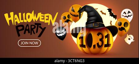 Striscione d'invito per la festa di Halloween con una zucca con cappello da strega e data 10,31, perfetto per eventi stagionali. Illustrazione vettoriale Illustrazione Vettoriale