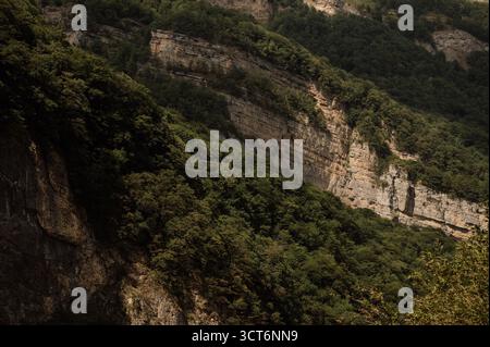 Un primo piano di una parete rocciosa con vegetazione e cime di montagna nel profondo di un canyon. Il ripido pendio roccioso della gola del Caucaso, ricoperto di fitto vegetazione, Foto Stock