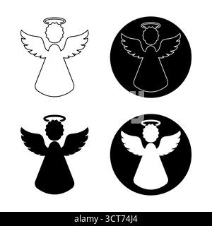 Illustrazione del set di icone di silhouette ad angolo. Ogni figura raffigura un angelo classico con ali, alone e accappatoio, ideale per il Natale, religioso, decorativo. Illustrazione Vettoriale