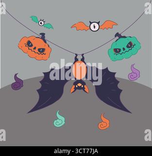 Un stravagante pipistrello di Halloween accompagnato da allegri fantasmi e zucche colorate per la decorazione Illustrazione Vettoriale