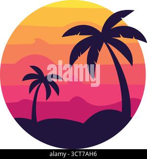 Un logo retrò di due palme che si stagliano contro un tramonto colorato, ideale per un marchio tropicale o un'agenzia di viaggi Illustrazione Vettoriale