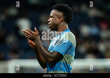 Madrid, Spagna, Spagna. 4 ottobre 2025. Vinicius Junior (Jr) del Real Madrid durante la partita di LaLiga tra Real Madrid CF e Villarreal CF allo stadio Santiago Bernabeu il 4 ottobre 2025 a Madrid, Spagna. Tomas Garrido (immagine di credito: © Matthieu Mirville/ZUMA Press Wire) SOLO PER USO EDITORIALE! Non per USO commerciale! Foto Stock