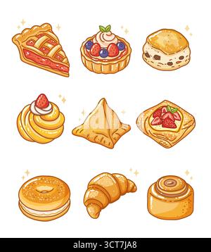 Carino cartoni animati vettoriali con famosi panetterie e dolci dessert. Include torta, crostata, scone, panna, ricambio, danese, bagel, croissant e cannella Illustrazione Vettoriale