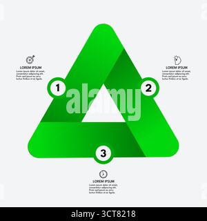 Diagramma triangolare verde con tre elementi, modello infografico a tre fasi - illustrazione vettoriale Illustrazione Vettoriale
