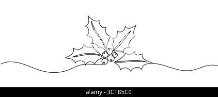 Bacca di Holly disegnata da una linea. Schizzo floreale. Errore di disegno linea continua. Illustrazione vettoriale semplice tratto modificabile. Illustrazione Vettoriale