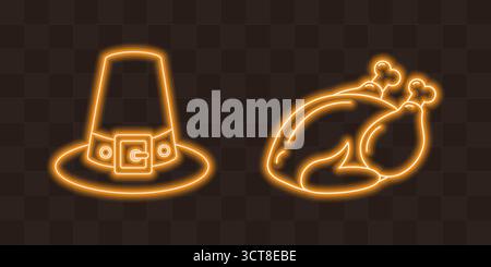 Set di elementi di design per il giorno del Ringraziamento, con cappello da pellegrino illuminato al neon e icona dell'adesivo del tacchino arrosto. Illustrazione vettoriale isolata festività del Ringraziamento carte a tema Party inviti banner, opuscoli, tag Illustrazione Vettoriale
