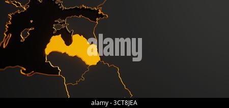 Mappa 3d della Lettonia dorata circondata da altri paesi in nero con bordi dorati e dof poco profondi. Europa carta politica con confini Foto Stock