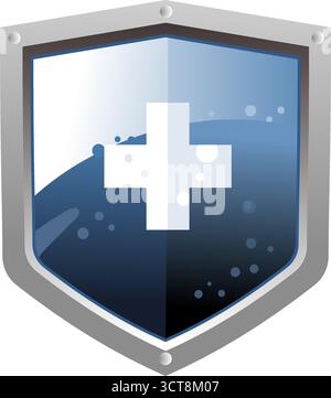 Schermo metallico con croce bianca, protezione o immagine del logo antivirus Illustrazione Vettoriale