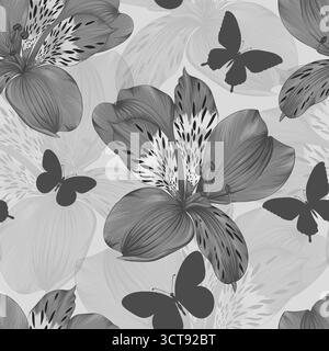 splendida alstroemeria in bianco e nero senza cuciture e silhouette di farfalle. biglietto di auguri in background e invito al matrimonio, al compleanno, Illustrazione Vettoriale