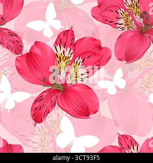 Bellissimo sfondo senza cuciture con fiori di alstroemeria rosa e rossa Illustrazione Vettoriale