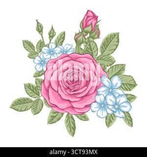 bellissimo bouquet con rose rosse e foglie. Arrangiamenti floreali Illustrazione Vettoriale