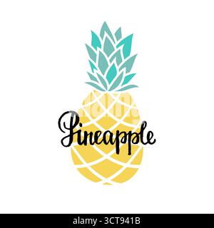Sfondo vettoriale estivo con ananas disegnato a mano e testo scritto a mano. Poster luminoso con frutta esotica e scritte Illustrazione Vettoriale