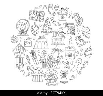 Pagina da colorare di Natale con Una serie circolare di illustrazioni di Capodanno tra cui ornamenti, pan di zenzero, pattini e dolci Illustrazione Vettoriale