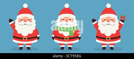 Una serie di illustrazioni natalizie a cartoni animati. Divertente e felice Babbo Natale. Illustrazione Vettoriale