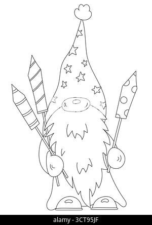 Pagina da colorare di Natale con Gnome natalizio che tiene in mano fuochi d'artificio Illustrazione Vettoriale