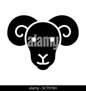 Icona di glifo nero di una testa di ariete con prominenti corna ricciolate. Design piatto e audace per imballaggi di carne, loghi agricoli o il cartello zodiaco Aries. Illustrazione Vettoriale