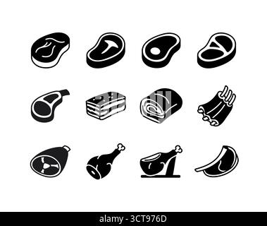 Collezione di 12 icone di glifo nero diversi tagli di carne, tra cui varie bistecche, arrosto, costolette e gambe. Arte vettoriale minimale piatta per macelleria A. Illustrazione Vettoriale