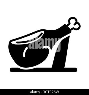 Icona del glifo nero di un'intera gamba di prosciutto stagionata su un piedistallo. Semplice illustrazione vettoriale piatta per cibo spagnolo, tapas bar o prodotti di carne gourmet. Illustrazione Vettoriale