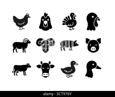 Raccolta di 12 icone del glifo nero animali d’allevamento e pollame, compresi suini, vacche, ovini, tacchini, polli e anatre. Disegno vettoriale piatto minimalista f Illustrazione Vettoriale