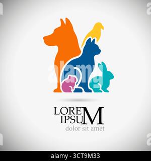 Logo della clinica veterinaria con sagome per animali domestici. Disegnato a mano. Non ai, illustrazione vettoriale. Illustrazione Vettoriale