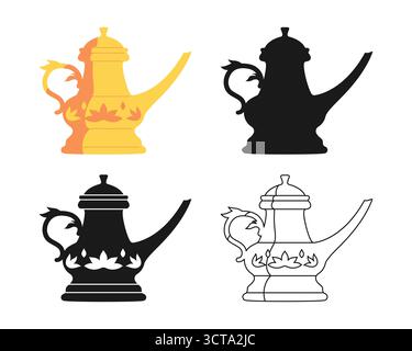 Set cartoni animati simboli teiera. Bollitore d'epoca, scarabocchio lineare e icona di silhouette. Stoviglie di teiera giapponese semplici disegnate per bambini astratti. Semplice cartello grafico del bollitore stilizzato. Illustrazione della clipart vettoriale Illustrazione Vettoriale