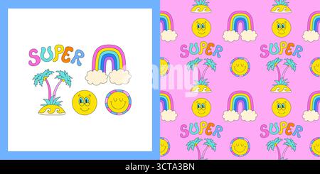 Adesivo retrò divertente motivo a fumetti senza cuciture. Uno stile hippie di adesivi comici psichedelici, un cartoni animati alla moda anni '90 con sfondo sconfinato. Decorazione senza fine del modello di involucro in tessuto con stampa vettoriale Illustrazione Vettoriale