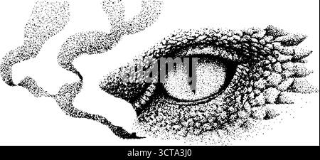 Intricati tratteggiamenti stipano l'illustrazione dell'occhio del drago con dettagli testurizzati. Illustrazione Vettoriale