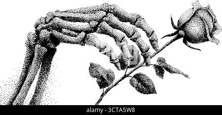 Rosa con impugnatura a scheletro, i dettagli del tratteggio creano disegni per la progettazione e la stampa. Illustrazione Vettoriale