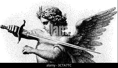 Intricate opere tratteggiate che avvolgono un arcangelo con la spada - design d'arte vintage. Illustrazione Vettoriale