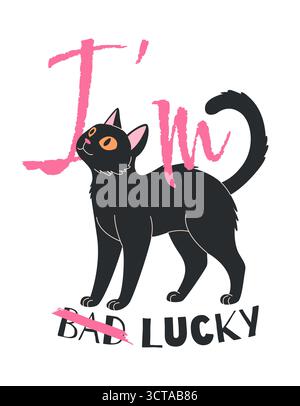 Carino gatto nero con frase breve. Stampa vettoriale. Illustrazione Vettoriale