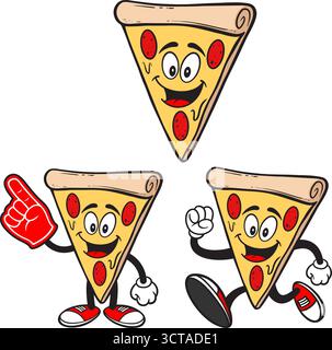 Pizza Mascot Set 04, illustrazioni disegnate a mano di Pizza Mascotte in varie pose. Illustrazione Vettoriale