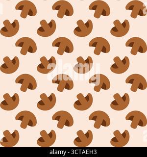 Motivo senza cuciture con funghi su sfondo beige. Sfondo piatto vettoriale per alimenti. Illustrazione Vettoriale