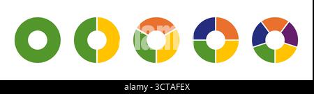 Grafico della sezione circolare. Ruote divise in sezioni. Infografica sui diagrammi multicolori.diagrammi multicolori ciambella, torte segmentate da 1 a 7 uguali Illustrazione Vettoriale