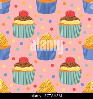 Graziosi cupcake colorati e luminosi con motivo senza cuciture su sfondo rosa. Illustrazione vettoriale disegnata a mano. Illustrazione Vettoriale