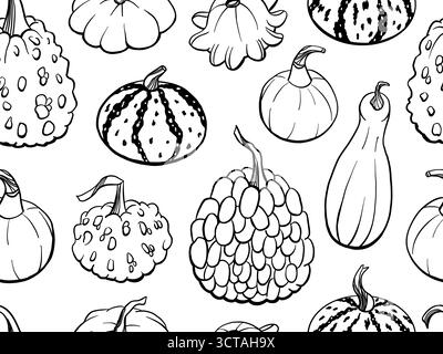 Motivo senza cuciture per la zucca autunnale, illustrazione con linee vettoriali disegnate a mano per le carte del Ringraziamento, motivi autunnali e disegni natalizi Illustrazione Vettoriale