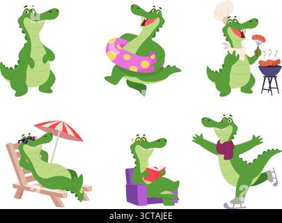 Un coccodrillo carino. Simpatico alligatore mascotte in diverse professioni esatta attività animalistica opera d'arte originale Illustrazione Vettoriale