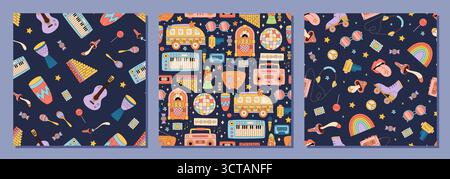 Set di motivi musicali Groovy retro Seamless Illustrazione Vettoriale