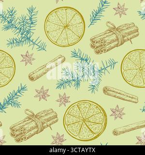 Motivo natalizio senza cuciture con fette di arancia e spezie: Cannella, chiodi di garofano e anice stellato. Accogliente stampa invernale per un design e un arredamento per le vacanze. Illu vettoriale Illustrazione Vettoriale