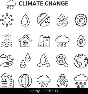 Set di icone dei cambiamenti climatici – illustrazione dei simboli di riscaldamento globale, impatto ambientale e sostenibilità Illustrazione Vettoriale