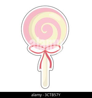 Lecca lecca tonda stilizzata con turbolenza rosa e nastro rosso. Divertente e divertente illustrazione di caramelle per disegni per bambini, decorazioni per feste, adesivi o dolci a tema Illustrazione Vettoriale