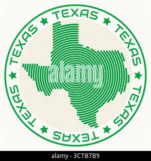 Mappa del Texas con titolo rotondo. Anelli sagomati. Testo del Texas intorno alla forma del confine dello stato. Illustrazione vettoriale artistica. Illustrazione Vettoriale