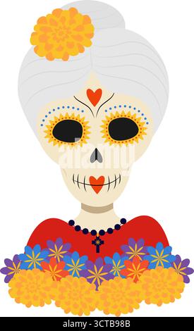 Anziana donna Sugar Skull con Fiore in capelli e decor sul viso giorno dei morti personaggio stilizzato. Illustrazione vettoriale isolata contenuti correlati alle festività messicane biglietti tematici, opuscolo, post Illustrazione Vettoriale