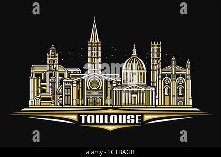 Illustrazione vettoriale di Tolosa, carta orizzontale scura con design lineare famoso paesaggio della città di tolosa sullo sfondo del cielo notturno, grafica urbana Illustrazione Vettoriale