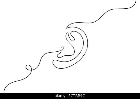 Orecchio umano disegno a una linea semplice vettore di contorno minimo isolato su sfondo bianco Illustrazione Vettoriale