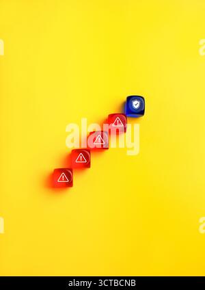 Concetto di sicurezza informatica con icone di avvertimento rosse che indicano uno scudo di sicurezza blu su sfondo giallo. Simbolizzazione delle minacce di truffa, escalation dei rischi online, Foto Stock