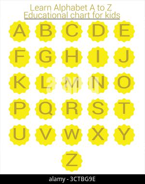Impara l'alfabeto Dalla A alla Z - vettore giallo della carta educativa per bambini. Perfetto per poster, flashcard, fogli di lavoro e materiali didattici. Illustrazione Vettoriale